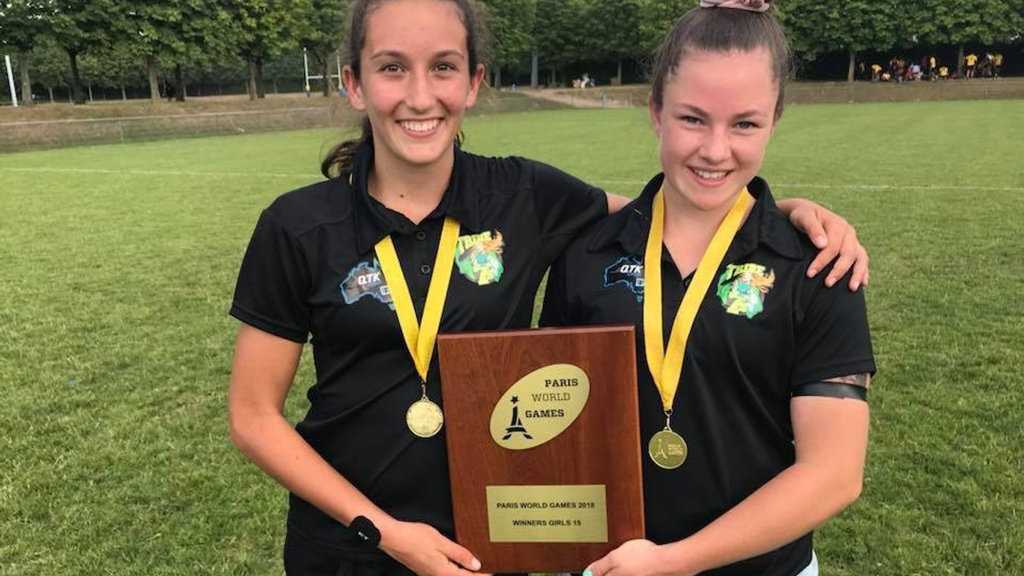 Chloe Cocks and Holly Anlezark celebrate Paris World Games Rugby Sevens victory. The West Bulldogs players were part of the Tribe Rugby Sevens representative that went through the competition undefeated. Picture: Contributed