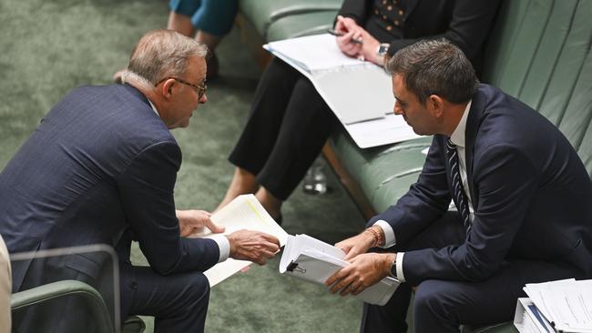 CANBERRA, AUSTRALIA - NOVEMBER 23: Prime Minister Anthony Albanese talks with Treasurer Jim Chalmers during Question Time at Parliament House in Canberra. Picture: NCA NewsWire / Martin Ollman