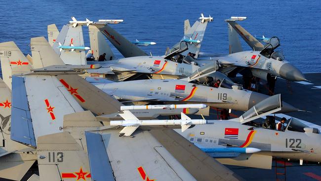 J-15 fighter jets on Chinese aircraft carrier the Liaoning. Picture: AFP