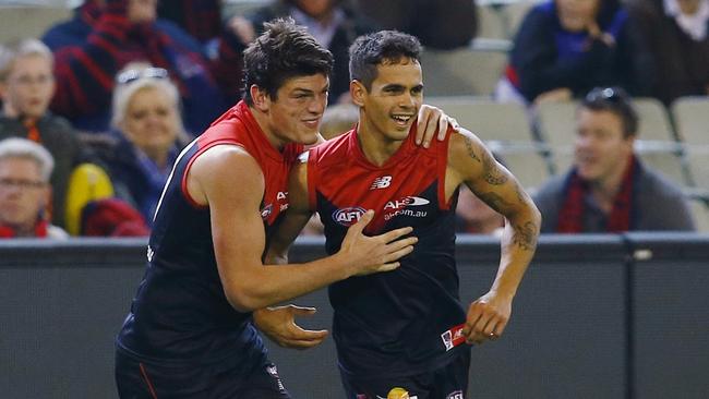 Angus Brayshaw and Jeff Garlett celebrate a goal. Picture: Michael Klein