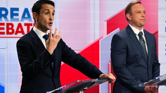 Queensland Premier Steven Miles (right), and Opposition leader David Crisafulli during their first state election debatePicture: Pool via NewsWire/ Dan Peled