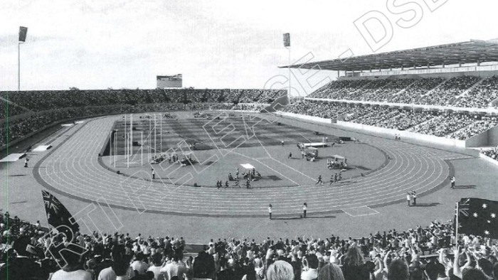 An artist's version of what Brisbane's Olympic stadium QSAC should look like. Via Nine