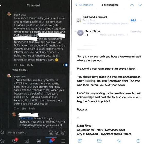 The Facebook exchange between Norwood Payneham and St Peters councillor Scott Sims and a resident. Picture: Supplied