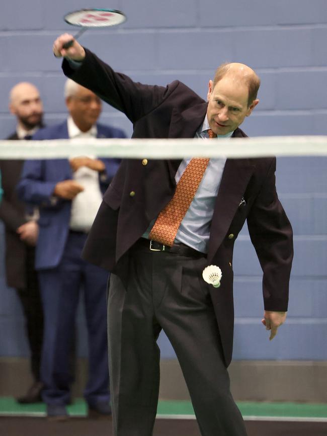 Prince Edward, hits the shuttlecock to with Sophie, Duchess of Edinburgh in Birmingham, England. Picture: Getty Images