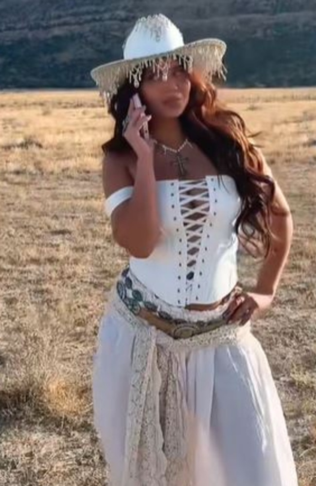 Model Sofia Jamora went above and beyond for the festival, which has stars such as Zach Byran and Luke Combs playing, wearing a cowboy hat and white corset top. Picture: TikTok/Sofia Jamora