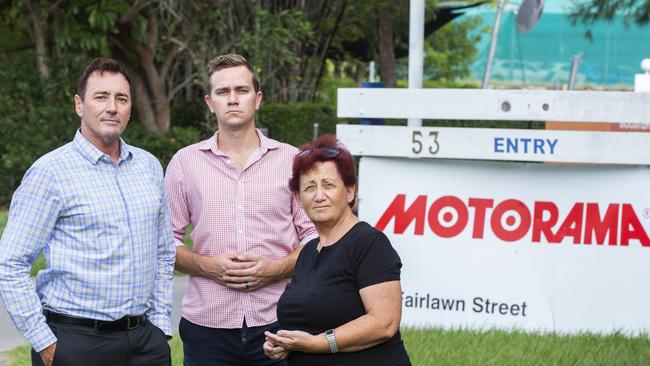 Cr Steve Griffiths with Nathan Action Group spokesperson Blake Buchanan and local Annamarie Newton campaigning against overdevelopment in the area. Picture: AAP/Renae Droop