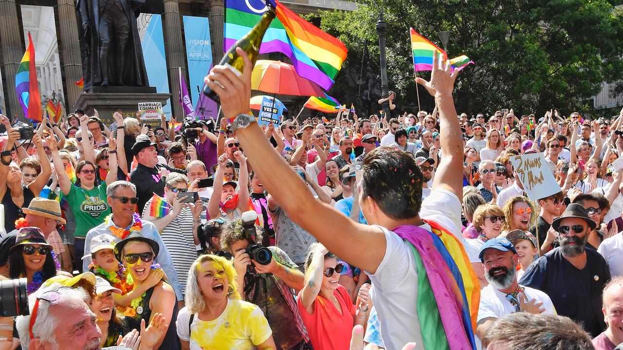 People celebrate the announcement of the yes result a year ago. Picture: Jason Edwards