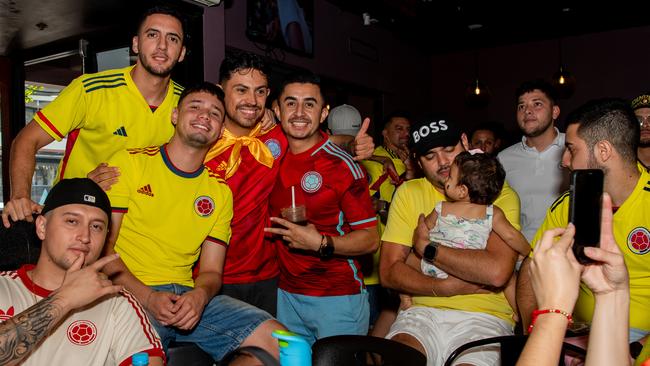 Boisterous Colombian supporters watching their national side take on Argentina in the 2024 Copa America Final at the Lost Arc, Darwin. Picture: Pema Tamang Pakhrin.