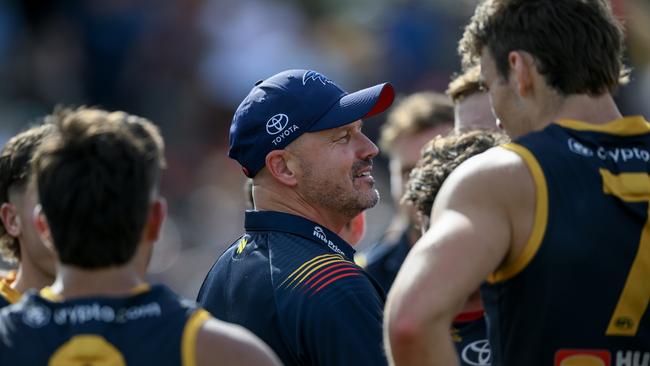 ADELAIDE, AUSTRALIA - MARCH 02:  Matthew Nicks, Senior Coach of the Crows at  three quarter time during the 2024 AFL Community Series match between Adelaide Crows and West Coast Eagles at Hisense Stadium on March 02, 2024 in Adelaide, Australia. (Photo by Mark Brake/Getty Images)