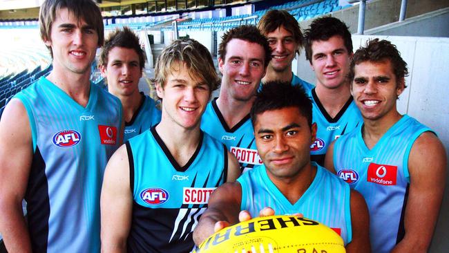 Port Adelaide’s 2007 recruits (from left) Justin Westhoff, Travis Boak, Robbie Gray, Ryan Williams, Adam Cockshell (back) David Rodan (front), Paul Stewart and Nathan Krakouer.