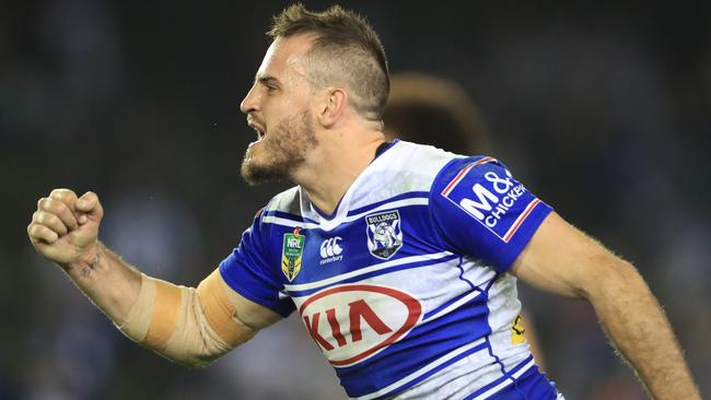 Josh Reynolds celebrates the Bulldogs’ triumph. Picture: Mark Evans