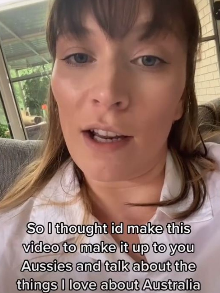 Her latest video lists three things she loves about Australia – including coffee and the healthcare. Picture: TikTok/kelseybullis1