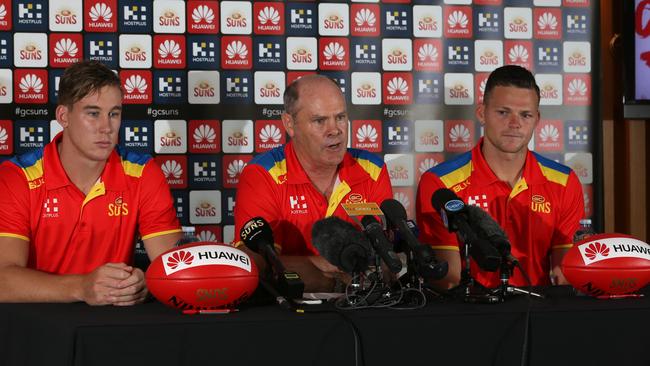 Gold Coast Suns coach Rodney Eade with co-captains Tom Lynch and Steven May. Picture: Regi Varghese