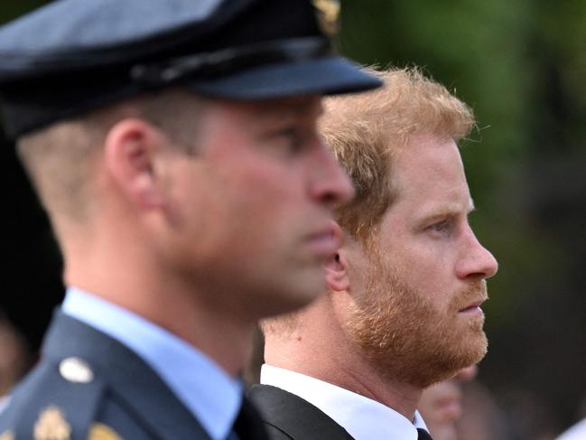 TOPSHOT - Britain's Prince William, Prince of Wales and Britain's Prince Harry, Duke of Sussex follow the coffin of Queen Elizabeth II, adorned with a Royal Standard and the Imperial State Crown and pulled by a Gun Carriage of The King's Troop Royal Horse Artillery, during a procession from Buckingham Palace to the Palace of Westminster, in London on September 14, 2022. - Queen Elizabeth II will lie in state in Westminster Hall inside the Palace of Westminster, from Wednesday until a few hours before her funeral on Monday, with huge queues expected to file past her coffin to pay their respects. (Photo by LOIC VENANCE / AFP)