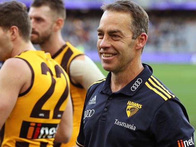 PERTH, AUSTRALIA - JULY 29:  Hawks head coach Alastair Clarkson looks on after winning the round 19 AFL match between the Fremantle Dockers and the Hawthorn Hawks at Optus Stadium on July 29, 2018 in Perth, Australia.  (Photo by Paul Kane/Getty Images)