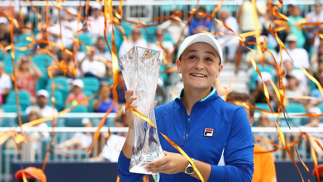 Ashleigh Barty of Australia celebrates with the trophy after her win against Karolina Pliskova. Picture: Julian Finney/Getty Images