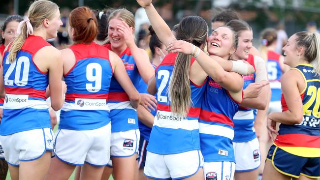 Bulldogs players celebrate their one-point win at Norwood Oval. Picture: AFL Photos via Getty Images