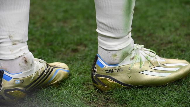 The boots of Argentina's forward #10 Lionel Messi display the names of Messi's sons.