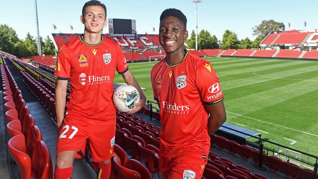 Adelaide United young guns Louis D’Arrigo and Al Hassan Toure. Picture: Tom Huntley