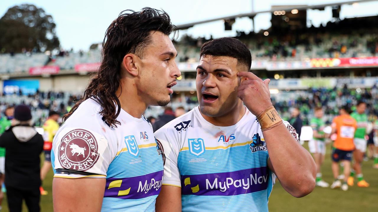 Tino Fa'asuamaleaui and David Fifita after the Round 18 Canberra Raiders v Gold Coast Titans game in 2023. Picture: NRL Images