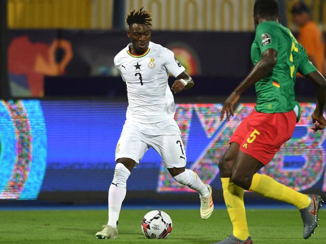 In this file photo taken on June 29, 2019, Ghana's midfielder Christian Atsu (L) vies for the ball against Cameroon's defender Michael Ngadeu-Ngadjui during the 2019 Africa Cup of Nations. Picture: AFP