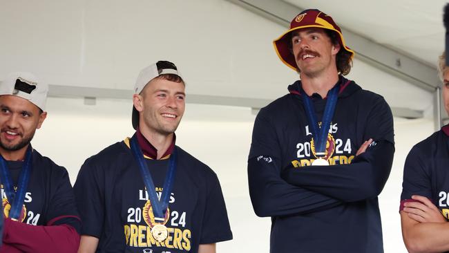 Josh Dunkley and Joe Daniher on stage at Brunswick Street Oval in Fitzroy on Sunday. Picture Lachie Millard