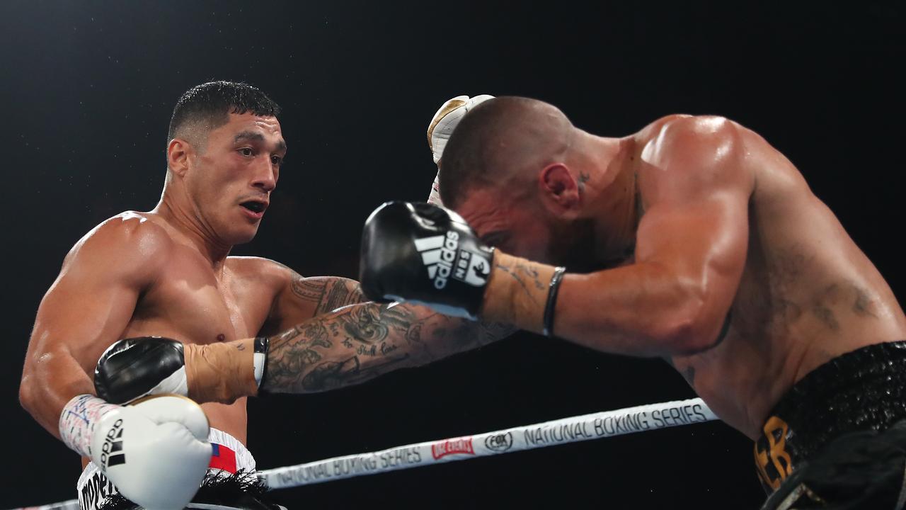 Jai Opetaia punches Ben Kelleher during their Cruiserweight bout at The Fortitude Music Hall on October 22, 2020. Photo: Getty Images