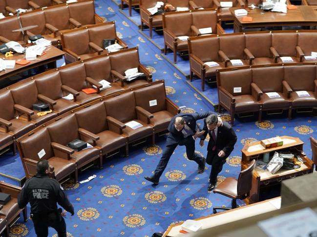 Lawmakers were evacuated as rioters stormed Capitol Hill in ‘heartbreaking’ scenes. Picture: Drew Angerer / Getty Images / AFP