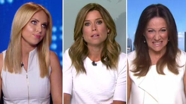 It comes after Amber Sherlock, pictured in the middle, berated newsreader Julie Snook, right, for wearing white. Picture: Channel 9