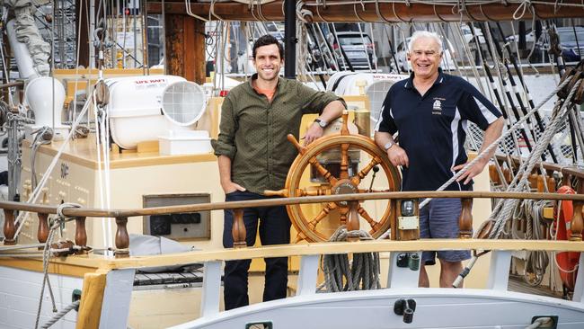 Australian Wooden Boat Festival General Manager Paul Stephanus and Lady Nelson Captain Mal Riley prepare for the parade of sail at Hobart. Picture: Chris Kidd