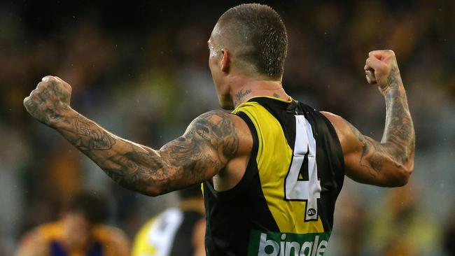 Martin celebrates the Tigers’ win against West Coast in Round 3. Picture: George Salpigtidis