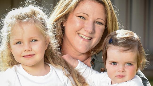 Bronwyn Le Grice with her kids, Pip (3) and Kenzie (11 months) and their dog Blue ( a 6 month old Great Dane).Picture: Jay Town