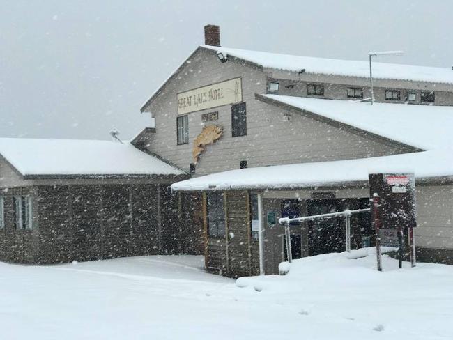 Snow at Great Lake Hotel on Tasmania's Central Plateau. Picture: Great Lake Hotel