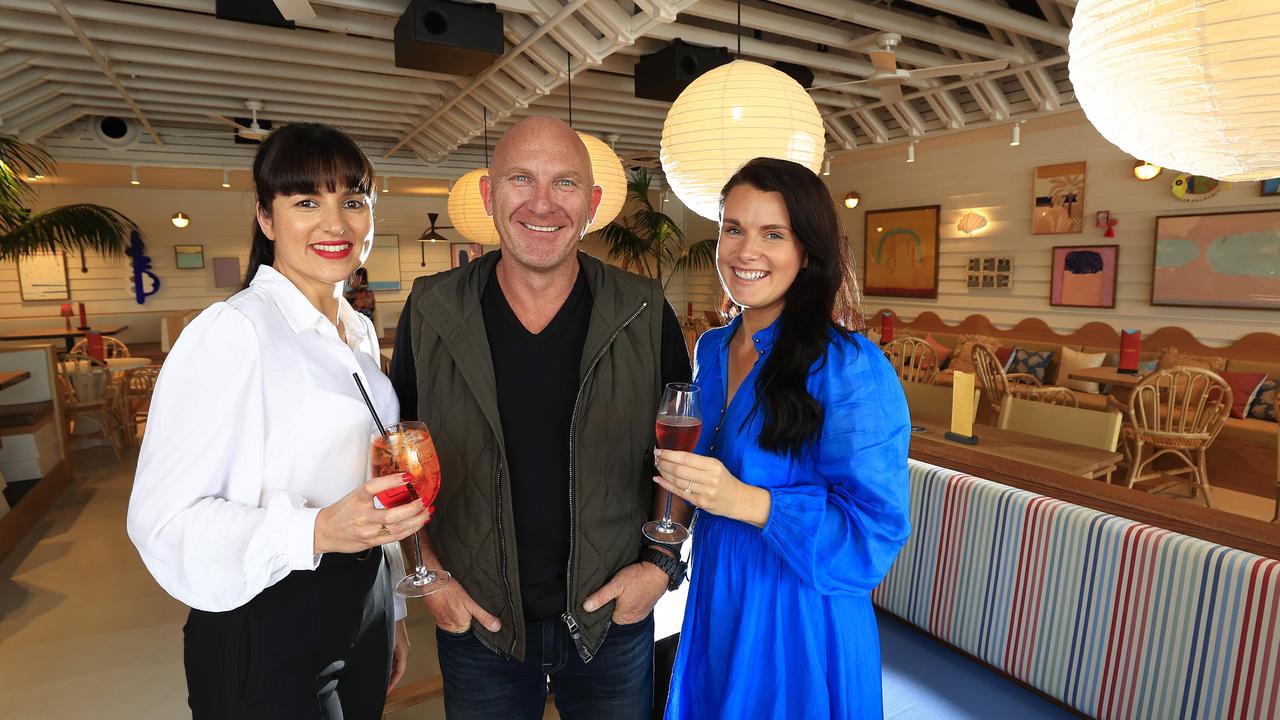 Riverbar + Kitchen in Brisbane CBD is reopening after the February floods. Lori Smith, Matt Moran and Orla Kelly enjoy the new set up. Picture: Adam Head