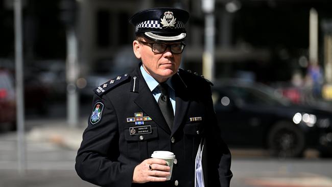 Queensland Police Inspector David Neville arrives to continue giving evidence to the commission of inquiry into forensic DNA testing at the Magistrates Court in Brisbane. Picture: NCA NewsWire / Dan Peled