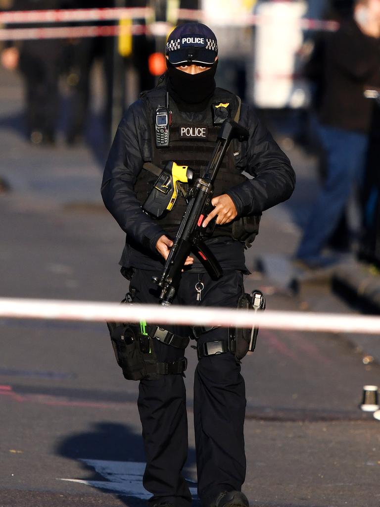 A Metropolitan Police Armed Response officer stands guard near Borough Market. Picture: Chris J Ratcliffe/Getty Images.