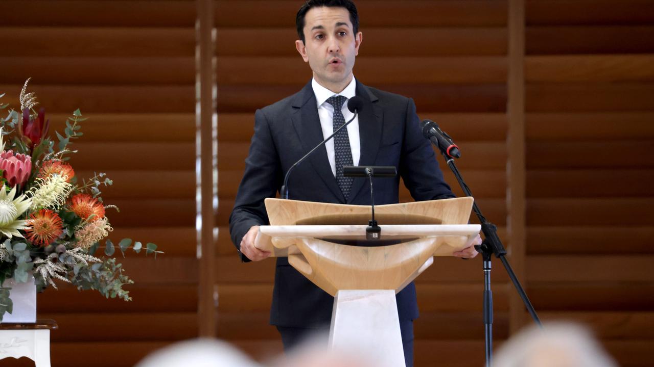 David Crisafulli leader of the opposition speaks at the State Funeral Service for Mike Ahern.