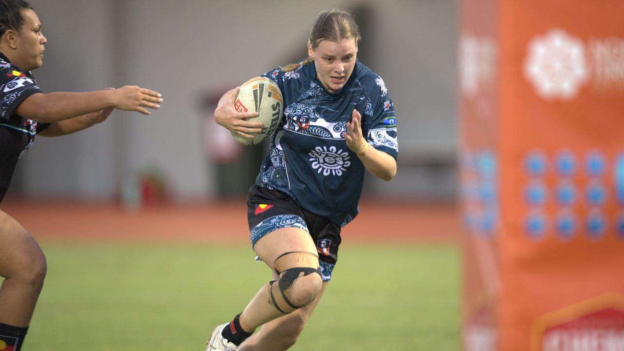 Kiyanah Toy runs in for a try for the Territory All Stars at the 2023 Deadly Cup Carnival women's match. Picture: Pema Tamang Pakhrin