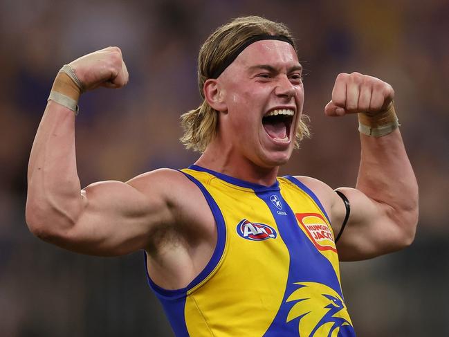 PERTH, AUSTRALIA - APRIL 20: Harley Reid of the Eagles celebrates after scoring a goal during the 2024 AFL Round 06 match between the West Coast Eagles and the Fremantle Dockers at Optus Stadium on April 20, 2024 in Perth, Australia. (Photo by Will Russell/AFL Photos via Getty Images)