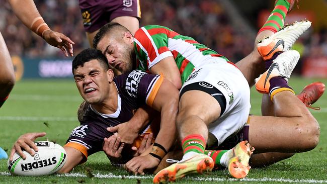 David Fifita barges over for a try against South Sydney. Picture: Bradley Kanaris/Getty