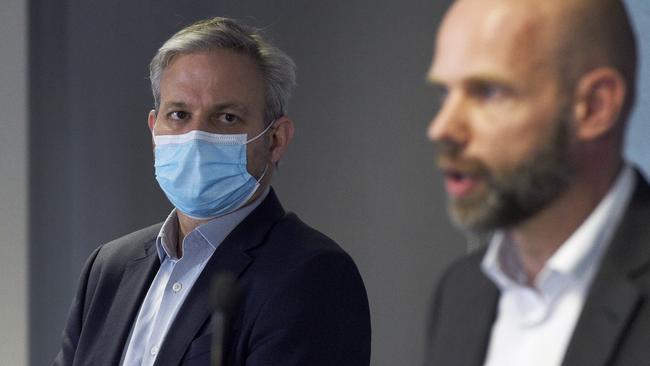 Victorian Chief Health Officer Brett Sutton and Testing Commander Jeroen Weimar. Picture: Andrew Henshaw