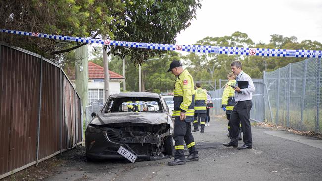 A burnt-out car was found in the neighbouring suburb of Birrong less than an hour after the shooting. Picture: NCA NewsWire