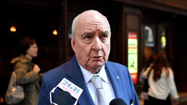 Alan Jones speaks to the media at the memorial of Harry M Miller at the Capitol Theatre in Sydney, Friday, August 3, 2018. (AAP Image/Joel Carrett) NO ARCHIVING