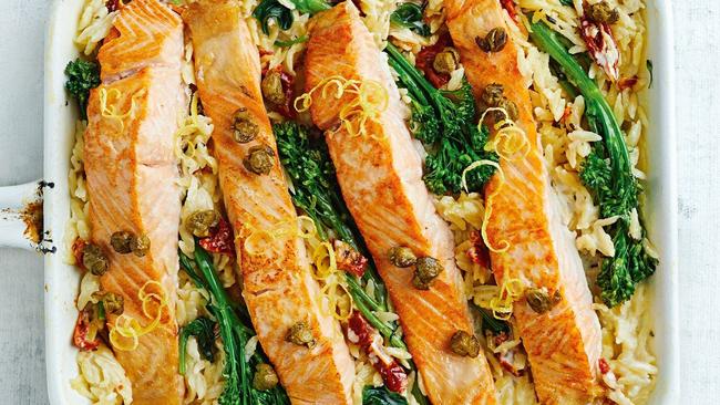 Tuscan salmon and risoni traybake recipe