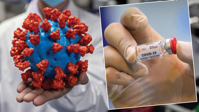 An engineer displays a model of the structure of the deadly coronavirus, left, as the race for a vaccine to stop it in its deadly tracks continues. Pictures: AFP