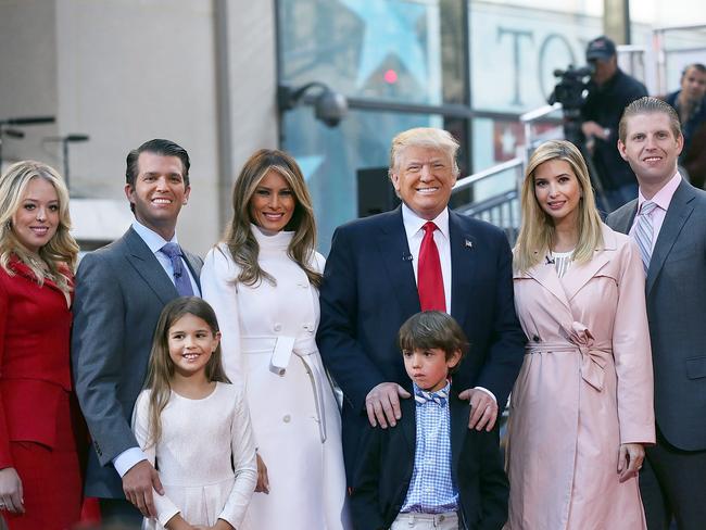 Donald Trump with his wife Melania and from right: Eric Trump, Ivanka Trump, Donald Trump Jr. and Tiffany Trump. In the front row are Kai Trump and Donald Trump III, children of Donald Trump Jr. Picture: Getty Images