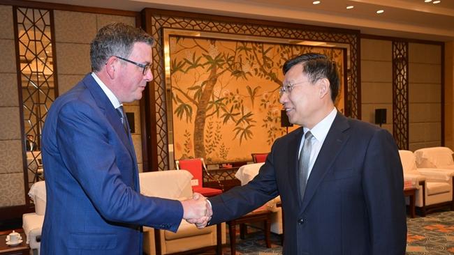 Premier Daniel Andrews meets Wang Xiaohui, party secretary of Sichuan Province, during his official trip to China in March, 2023.