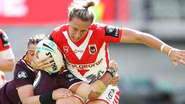 Holli Wheeler of the Dragons is tackled by the Broncos defence during their first match-up this season. The Broncos won the game.