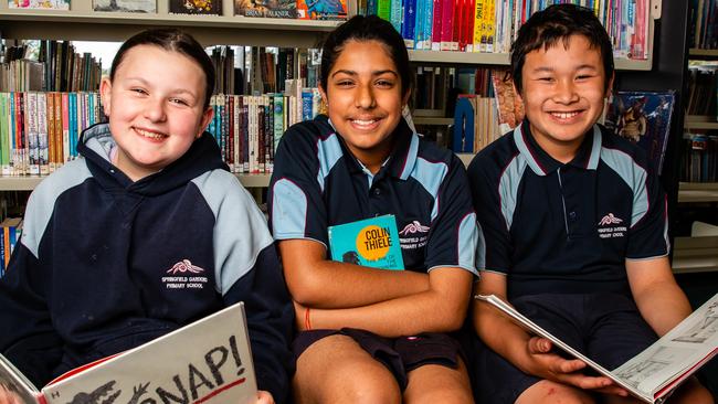 Indigo Lincoln, Harshal Sharma, and Nee Hser Ku at Springfield Gardens Primary school.Picture: Linda Higginson