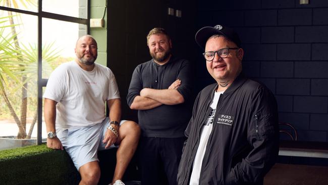 Adam Liston, front, with co-owner Nate Scutter and head chef Phil Carey are set to open Mozza restaurant inside Southwark Hotel. Picture: Matt Loxton